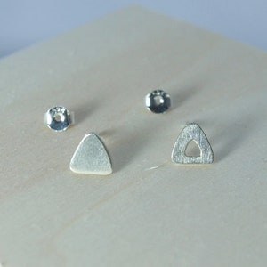 Small Silver Triangle Stud Earrings, Mismatched Geometric Jewellery - Handmade Gift for Her