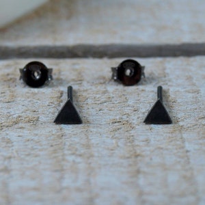 Minimalist Silver Stud Earrings - Small Black Triangles - Handmade Unisex Jewellery