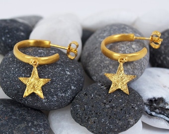 Gold Charm Drop Star Hoops | Celestial 925 Silver Earrings for Her