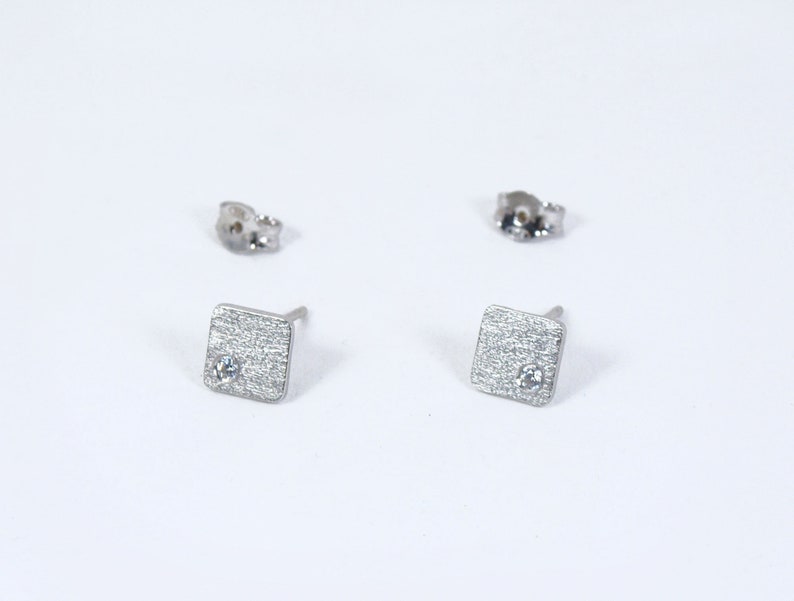 Square Small Studs Tiny Zircon Geometric Earrings Silver 925 Textured Squares Gift for Her image 4