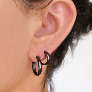 Hoops Black Shiny Silver 925 Small Earrings Multiple Piercing Hoop Stud Earrings image 2