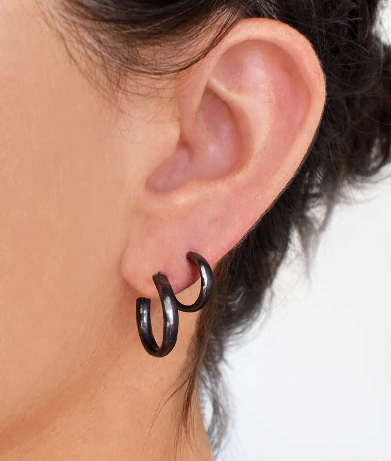Hoops Black Shiny Silver 925 Small Earrings Multiple Piercing Hoop Stud Earrings image 2