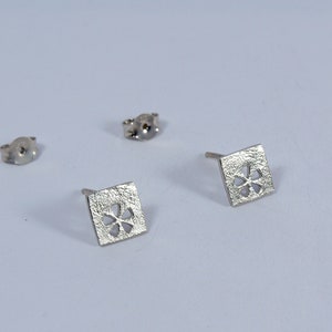 Square Gold Studs Flower motif Earrings Silver 925 Rose Gold multiple piercing squares Handmade Jewellery platinum plated