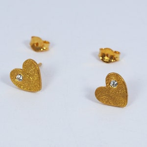 Heart Zircon Studs Gold Textured Small Earrings Multiple Piercing Hearts Gift for Her image 4