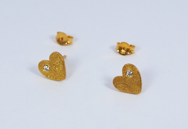 Heart Zircon Studs Gold Textured Small Earrings Multiple Piercing Hearts Gift for Her image 4