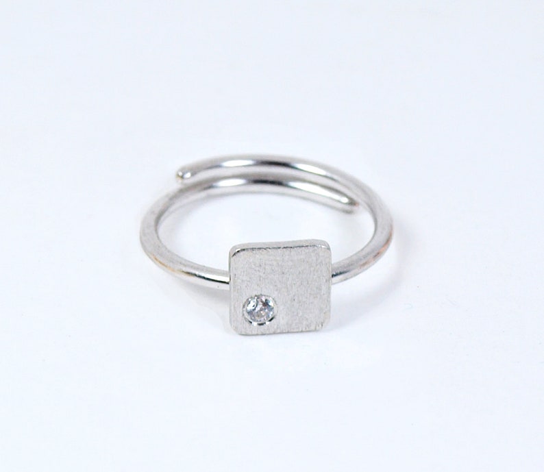 Slim Square Ring Adjustable Silver 925 Ring with tiny Zircon Gift for Her Platinum plated