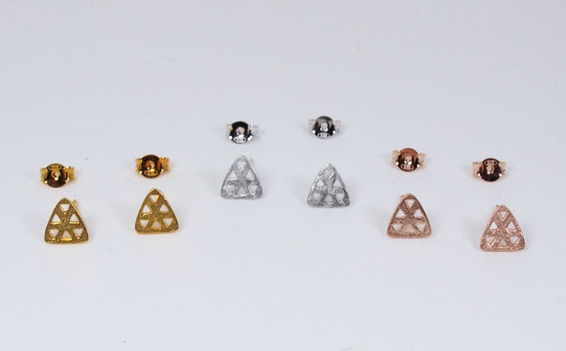 Triangle Silver Small Studs Gold-plated Earrings Textured Handmade Jewellery image 8