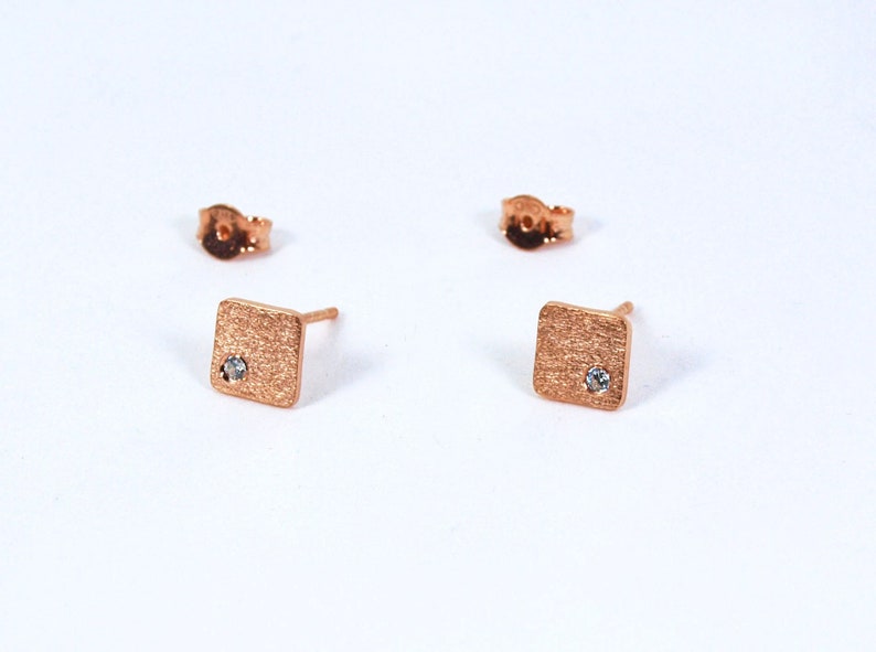 Square Small Studs Tiny Zircon Geometric Earrings Silver 925 Textured Squares Gift for Her image 2