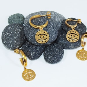 Orecchini a cerchio in oro con ciondolo malocchio - Argento sterling 925, regalo elegante per lei