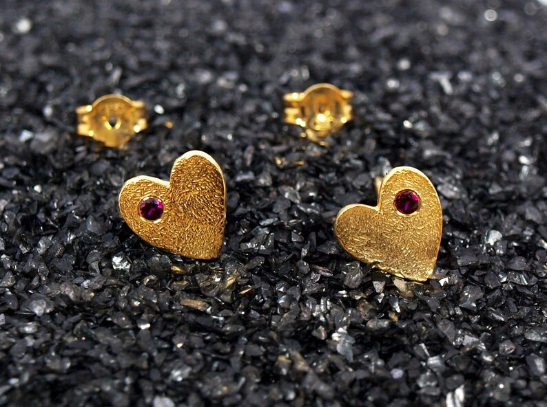 Heart Zircon Studs Gold Textured Small Earrings Multiple Piercing Hearts Gift for Her image 1