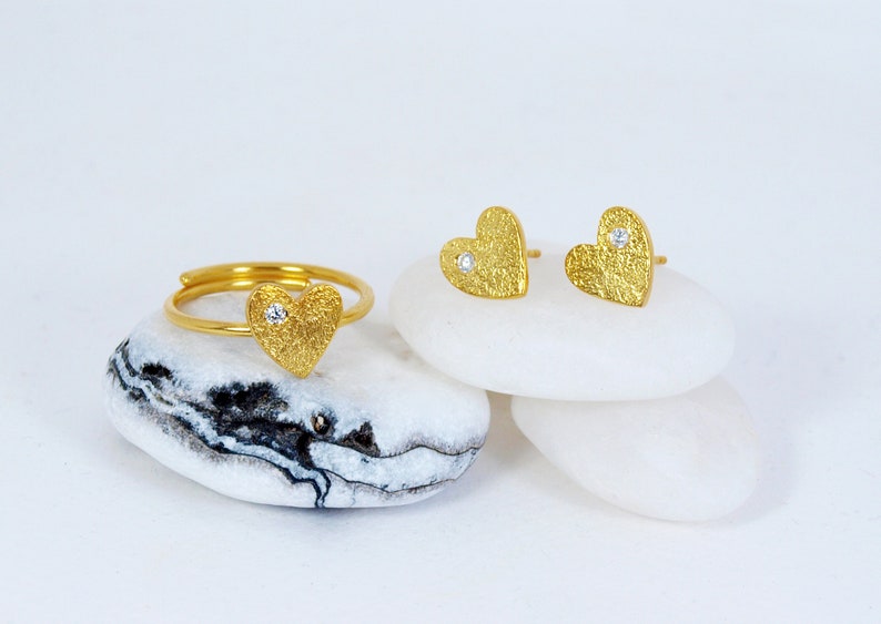 Dainty Heart Slim Ring with Tiny Zircon Gemstone Handmade Adjustable Jewelry for Her image 2
