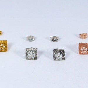 Square Gold Studs Flower motif Earrings Silver 925 Rose Gold multiple piercing squares Handmade Jewellery image 3