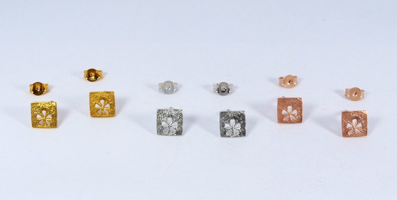 Square Gold Studs Flower motif Earrings Silver 925 Rose Gold multiple piercing squares Handmade Jewellery image 3