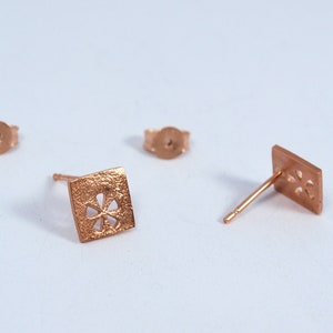 Square Gold Studs Flower motif Earrings Silver 925 Rose Gold multiple piercing squares Handmade Jewellery rose gold plated