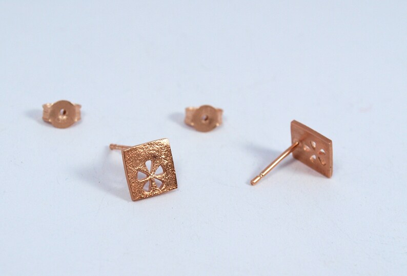 Square Gold Studs Flower motif Earrings Silver 925 Rose Gold multiple piercing squares Handmade Jewellery rose gold plated