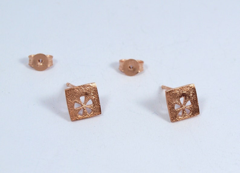 Square Gold Studs Flower motif Earrings Silver 925 Rose Gold multiple piercing squares Handmade Jewellery image 1