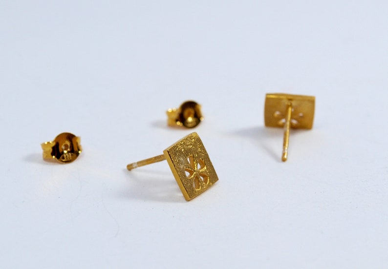 Square Gold Studs Flower motif Earrings Silver 925 Rose Gold multiple piercing squares Handmade Jewellery yellow gold plated