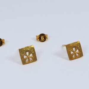 Square Gold Studs Flower motif Earrings Silver 925 Rose Gold multiple piercing squares Handmade Jewellery image 7