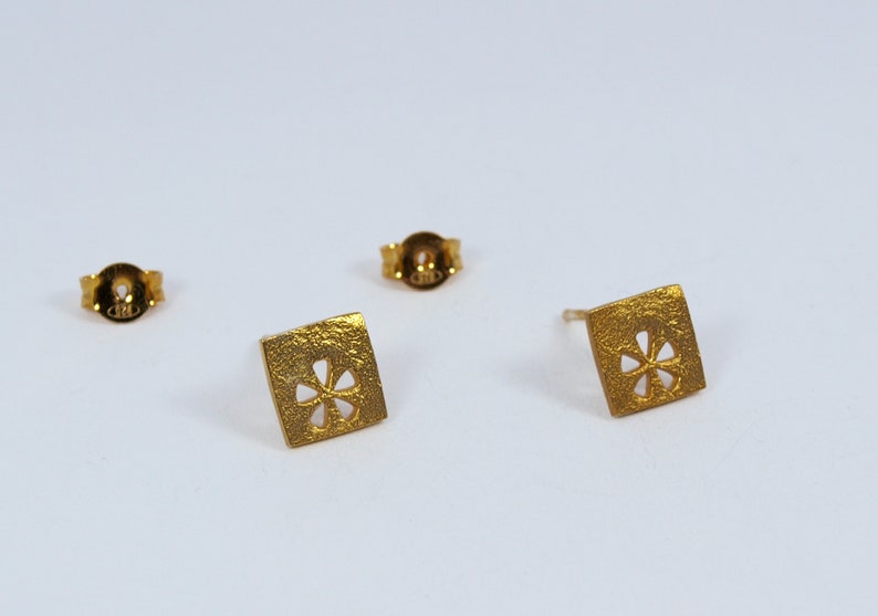 Square Gold Studs Flower motif Earrings Silver 925 Rose Gold multiple piercing squares Handmade Jewellery image 7