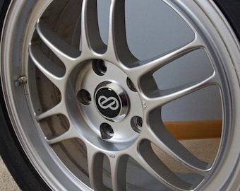 Kromade Enkei RPF1-centrumkåpor: passar 16" 17" 18", 15x8 +28, anpassade logotyper