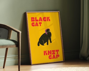 Funny Fat Cat Print, Cute Cat Poster, Black Cat Art, Retro Print, Minimalist Cat print, Funny gift, Home decor Poster, Digital Cat Wall Art