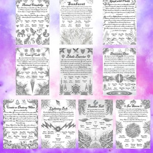 Puede incluir: Una colección de diez imprimibles de tamaño A4 con diseños de fantasía. Cada página presenta ilustraciones y texto detallados en blanco y negro, con títulos como "Animal Friendship" y "Sunburst". El texto "PACK 1-10" y "A4 SIZE FOR EASY PRINT" son visibles.