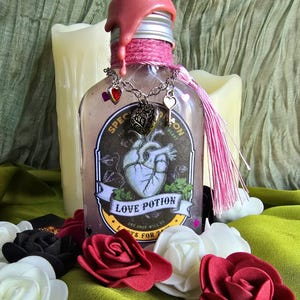 Love Potion decorative bottle, magical, mystical, display, charms, sealed.