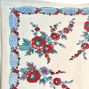 1950s Floral Print Tablecloth Red Flowers Blue Polka Dot Border Retro Home Décor Cottage Style 44x49