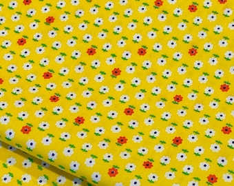 1960s Mini Floral Print Vintage Cotton Fabric Yellow Background Tiny Red White Black Green Flowers for Quilt Craft Projects Only 36” Wide