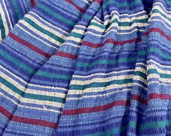 Vintage 1970s Boho Indigo Blue Maroon Teal While Striped Seersucker Cotton Fabric By the Yard
