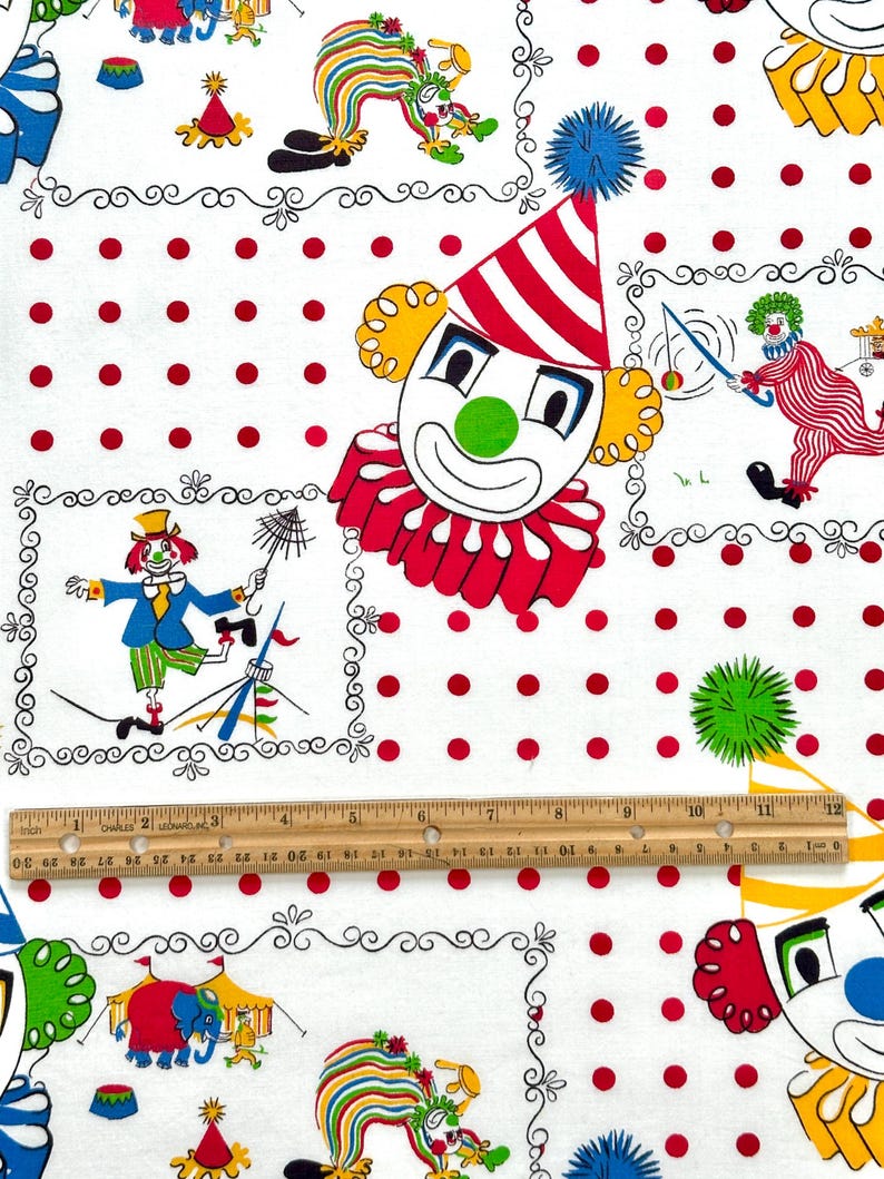 Vintage 1950s Circus Clown Red and Polka Dots Novelty Print Cotton ...