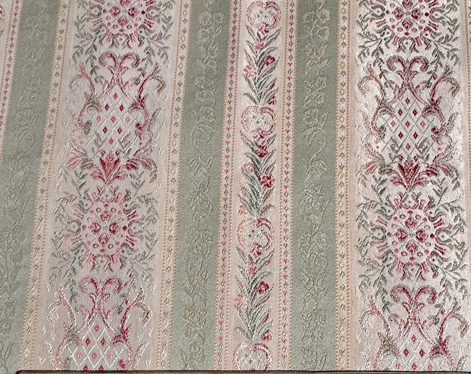 Vintage Romantic Brocade Stripe Upholstery Fabric Rose Sage Floral on ...