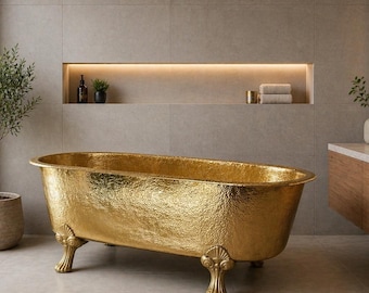 Hammered Brass Bathtub, Freestanding Moroccan Soaking Tub, Luxury Gold Clawfoot