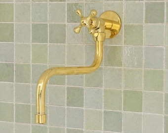 Unlacquered Brass Wall Mount Pot Filler Faucet, Swivel Neck Kitchen Tap, Handmade Moroccan Artisan