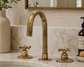 Unlacquered Brass 3-Hole Faucet, Moroccan Handmade Deck Mount Vanity Sink Faucet