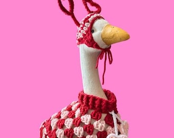 Crocheted Valentine&#39;s Day Porch Goose Poncho and Heart Hat Outfit