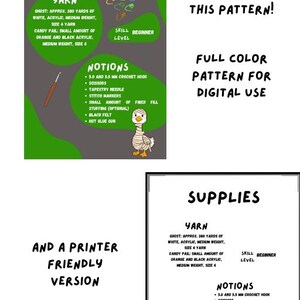 Pode incluir: Imagem para download digital com um design verde e branco listando materiais de croch&ecirc;. A imagem inclui texto que diz "Suprimentos", "Fio", "No&ccedil;&otilde;es" e "N&iacute;vel de habilidade: Iniciante". A imagem tamb&eacute;m inclui o texto "Seu download vem com duas vers&otilde;es deste padr&atilde;o!" e "Padr&atilde;o em cores para uso digital".
