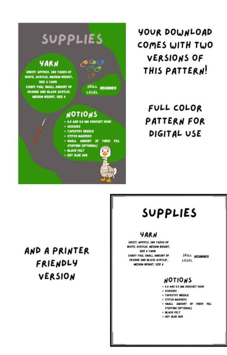 Pode incluir: Imagem para download digital com um design verde e branco listando materiais de croch&ecirc;. A imagem inclui texto que diz "Suprimentos", "Fio", "No&ccedil;&otilde;es" e "N&iacute;vel de habilidade: Iniciante". A imagem tamb&eacute;m inclui o texto "Seu download vem com duas vers&otilde;es deste padr&atilde;o!" e "Padr&atilde;o em cores para uso digital".