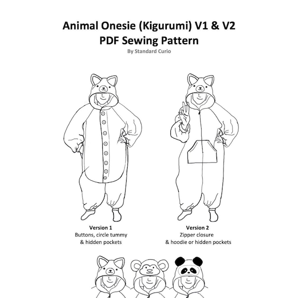 PDF Animal Onesie (Kigurumi) Sewing Pattern - Teen/Adult - V1 & V2