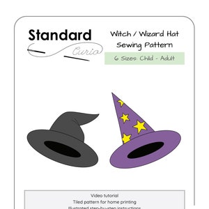 May include: A printable sewing pattern for a witch or wizard hat. The pattern includes six sizes for children and adults. The image shows two hats, one black and one purple with yellow stars.