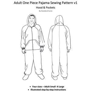PDF Onesie Pajama Sewing Pattern - V1 Hood and Pockets - Adult