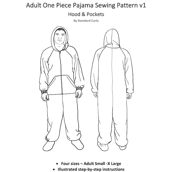 PDF Onesie Pyjama Schnittmuster - v1 Kapuze und Taschen - Erwachsene Small - X Large