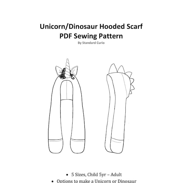 PDF Unicorn/ Dinosaur Hooded Scarf Sewing Pattern - Child - Adult