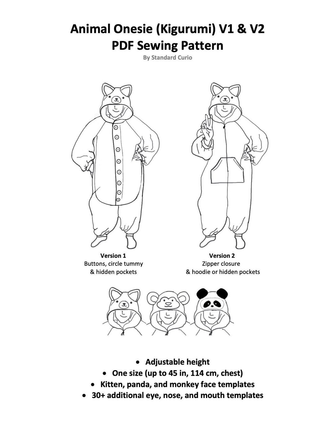 PDF Animal Onesie kigurumi Sewing Pattern Teen/adult V1 & V2 Etsy