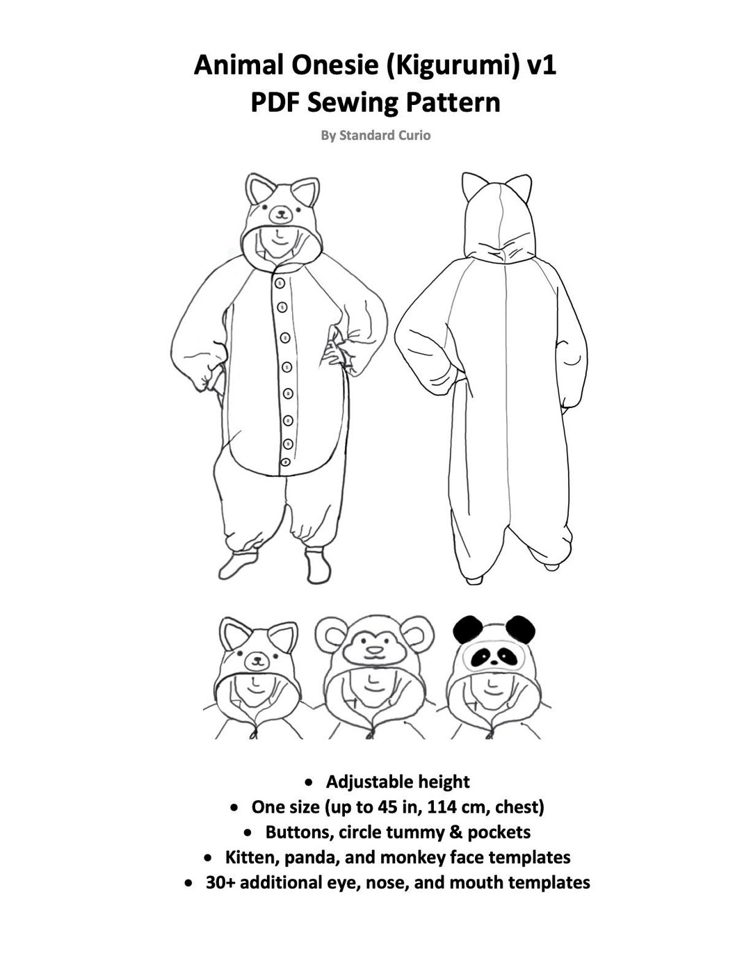 PDF Animal Onesie kigurumi Sewing Pattern Teen/adult V1 Etsy