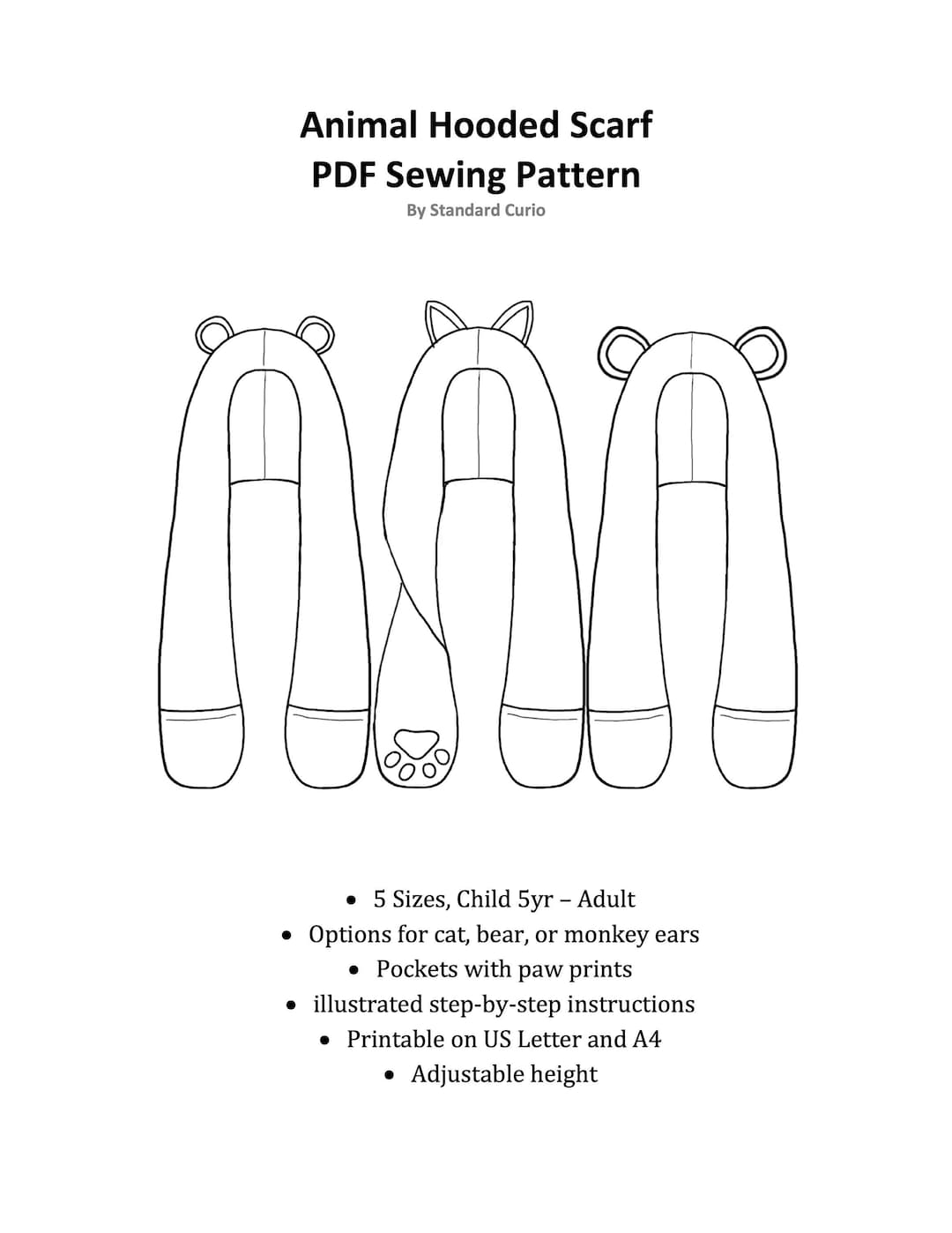 PDF Animal Hooded Scarf Sewing Pattern Child Adult Unisex Etsy
