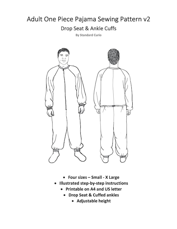PDF Onesie Pajama Sewing Pattern V2 Drop Seat and Ankle Cuffs Adult Small X Large Etsy Canada