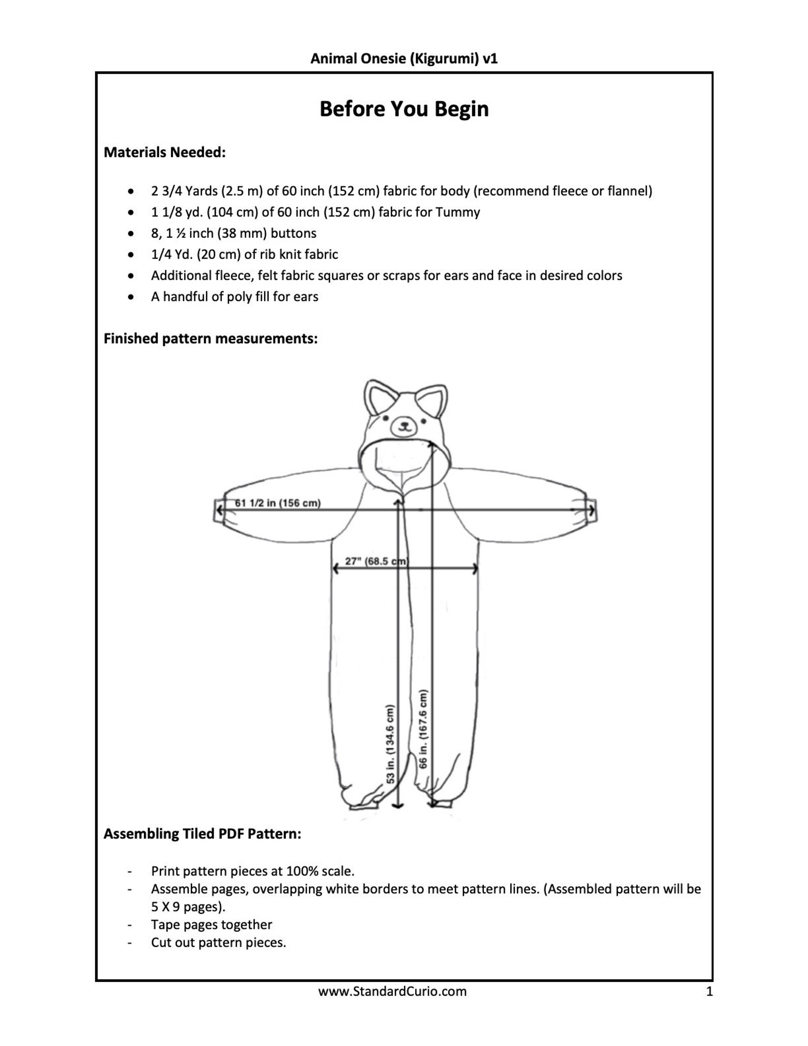 PDF Animal Onesie kigurumi Sewing Pattern Teen/adult V1 Etsy