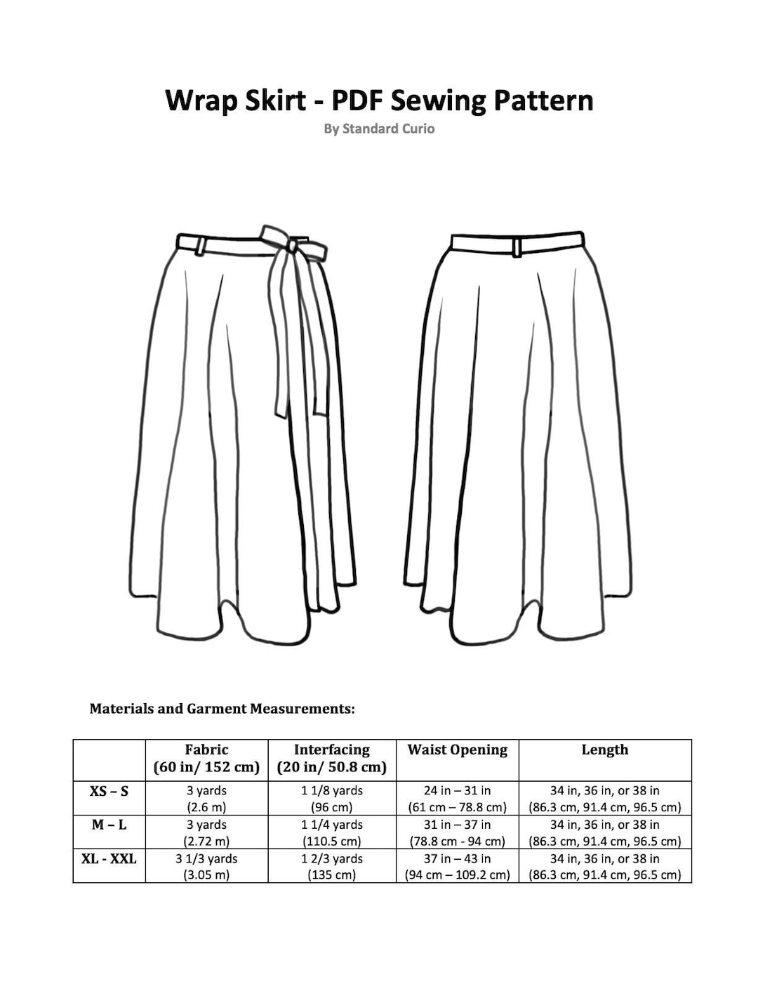 Wrap Skirt PDF Sewing Pattern - Sizes XS - XXL - Short