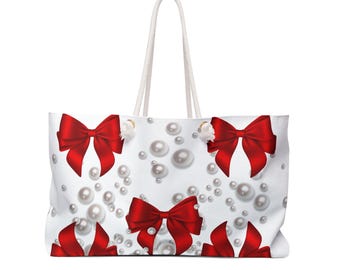 Red Bow + Pearl Tote Bag